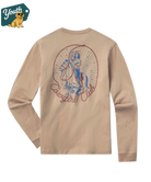 Beige long-sleeve shirt with a cowgirl graphic design on the back, featuring a logo in the top left corner.