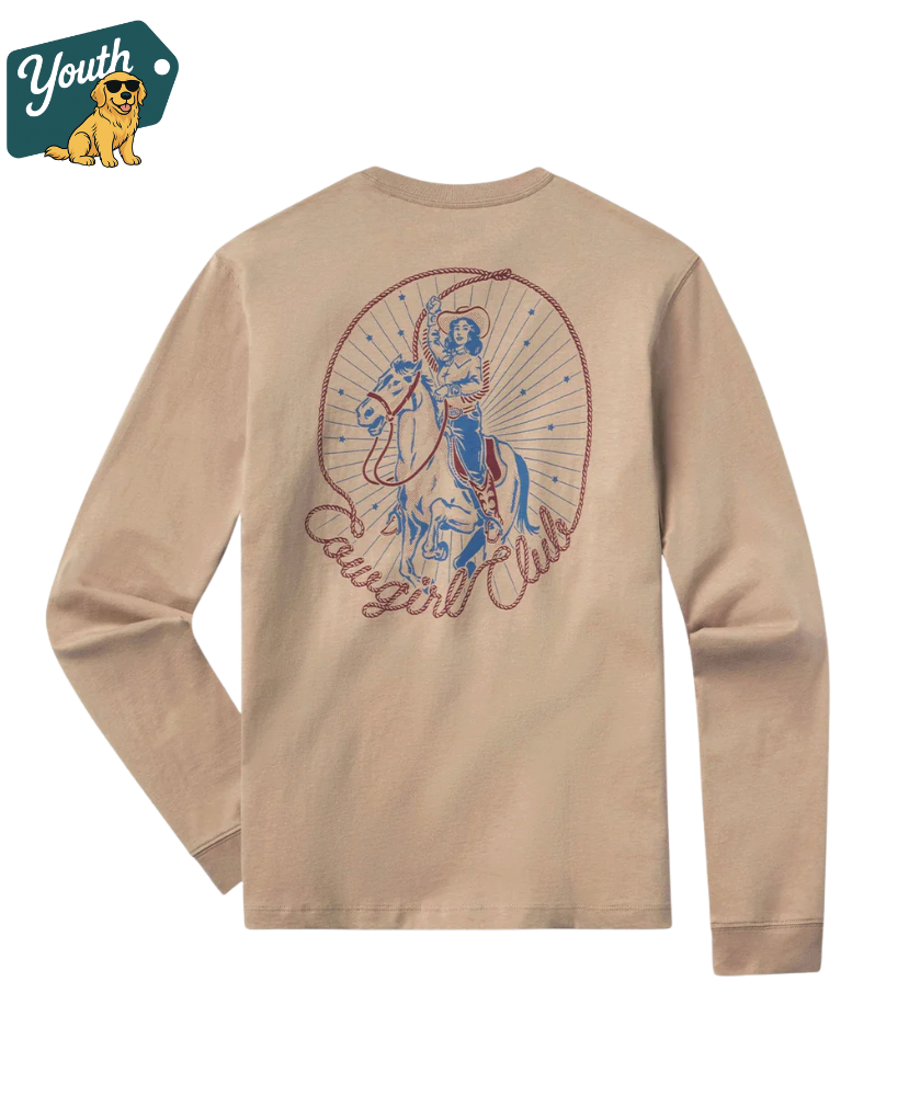 Beige long-sleeve shirt with a cowgirl graphic design on the back, featuring a logo in the top left corner.
