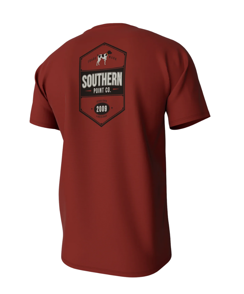 Red t-shirt with a logo on the back on a white background