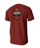 Red t-shirt with a logo on the back on a white background