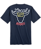 Navy blue t-shirt with 'Local Boy Rodeo' graphic on the back against a white background