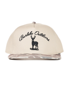 Beige cap with 'Burlebo Outdoors' logo and deer illustration on a white background
