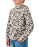 A child wearing a long-sleeve hooded top with an allover organic animal-print pattern in beige, brown, and gray, paired with blue jeans against a plain white background.