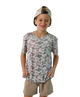Child wearing a camouflage t-shirt and beige shorts on a white background