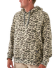Camouflage-patterned hoodie worn by a person on a white background