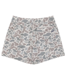 Patterned camoflage shorts with a visible brand logo on a white background
