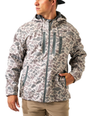 A man wearing a hooded camouflage jacket with a gray and beige pattern, paired with khaki pants, shown against a plain white background.