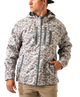 A man wearing a hooded camouflage jacket with a gray and beige pattern, paired with khaki pants, shown against a plain white background.