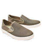 Pair of brown slip-on shoes with white soles on a white background