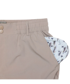 Close-up of khaki pants with a patterned lining on a white background