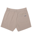 Beige shorts with a brand logo on a white background