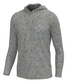 A long-sleeve hooded pullover top with an all-over abstract camouflage pattern in shades of gray, taupe, and off-white, shown on a plain white background.