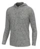 A long-sleeve hooded pullover top with an all-over abstract camouflage pattern in shades of gray, taupe, and off-white, shown on a plain white background.
