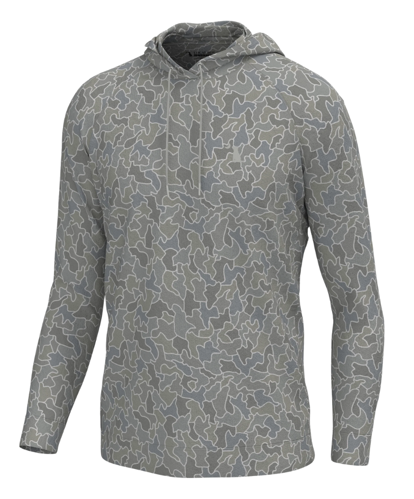 A long-sleeve hooded pullover top with an all-over abstract camouflage pattern in shades of gray, taupe, and off-white, shown on a plain white background.