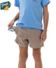 Child wearing a blue t-shirt and beige shorts with a 'Youth' logo in the corner.