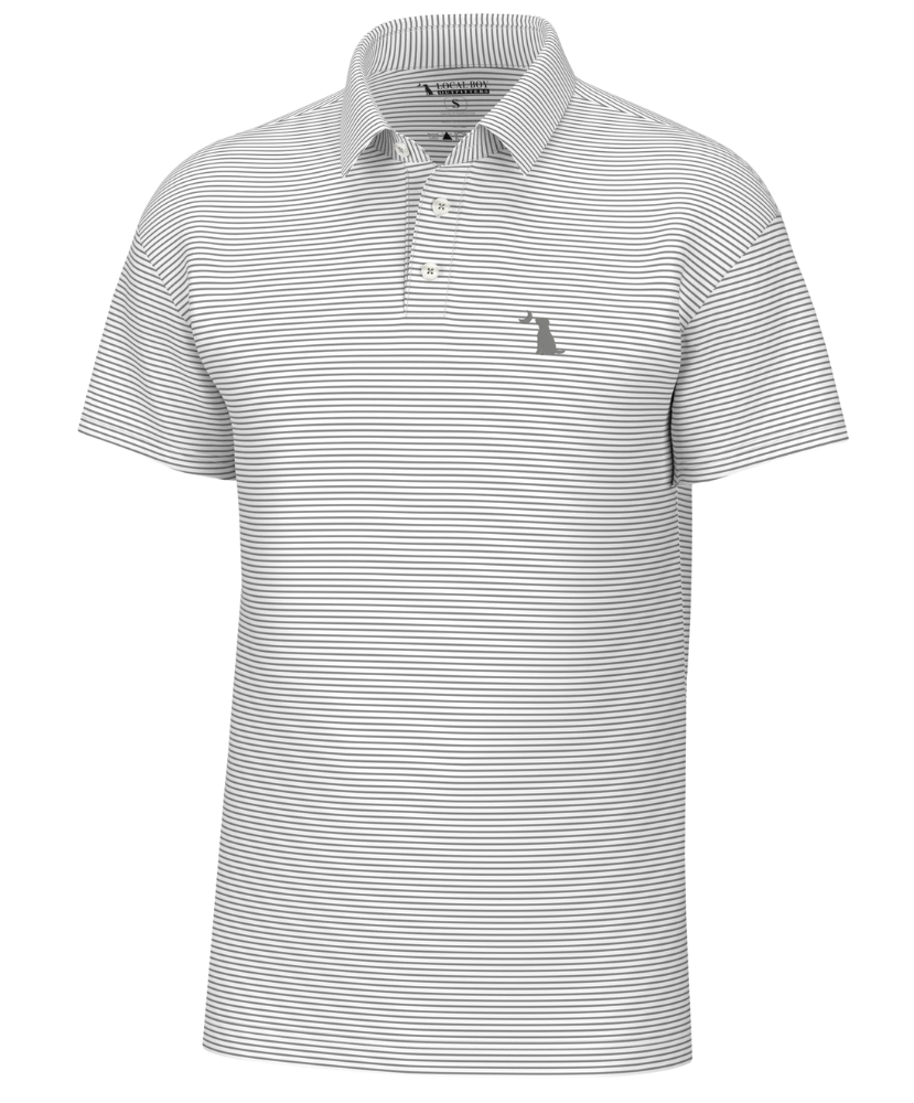 Striped polo shirt with a small logo on a white background