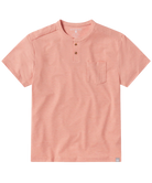 Pink short-sleeve henley shirt with a pocket on a white background