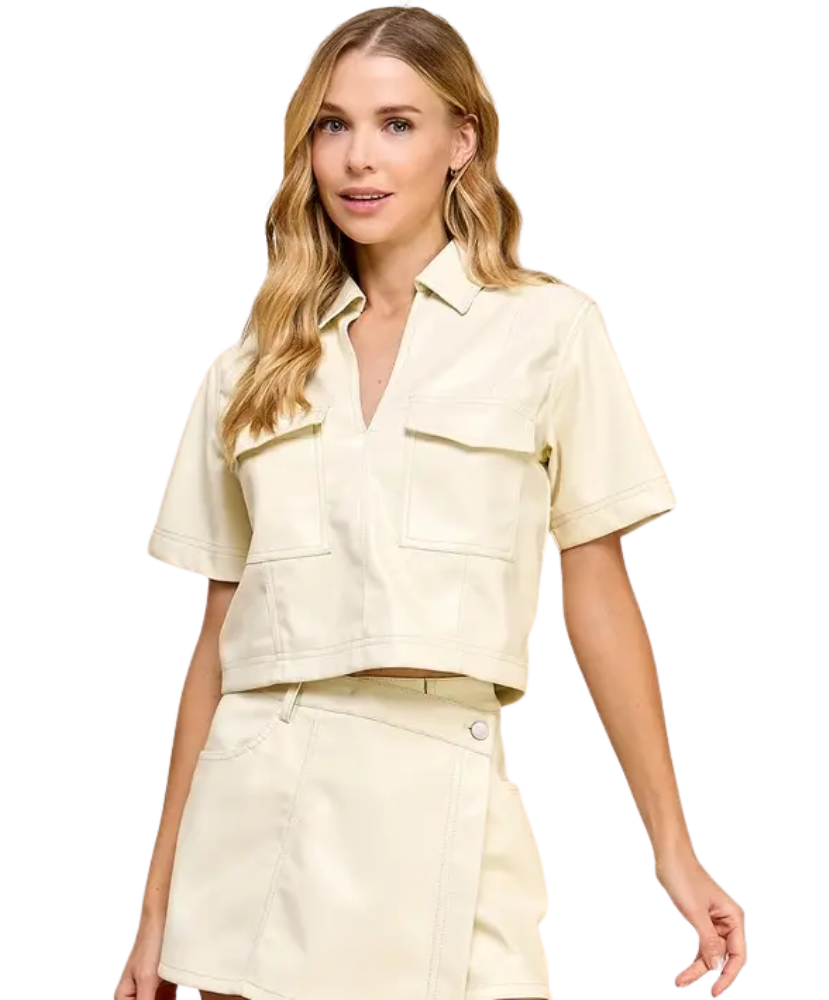 Allie Faux Leather Collar V Neckline Cropped Top