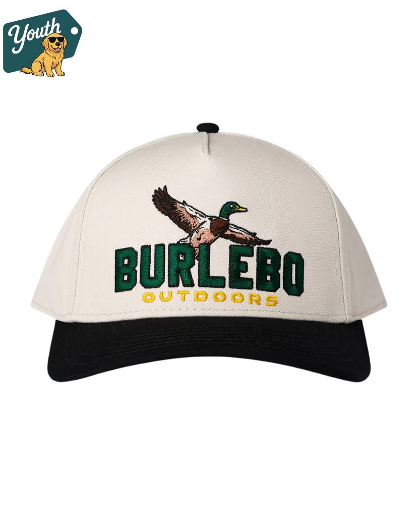 Youth Cap with 'Burlebo Outdoors' logo and duck design on a white background