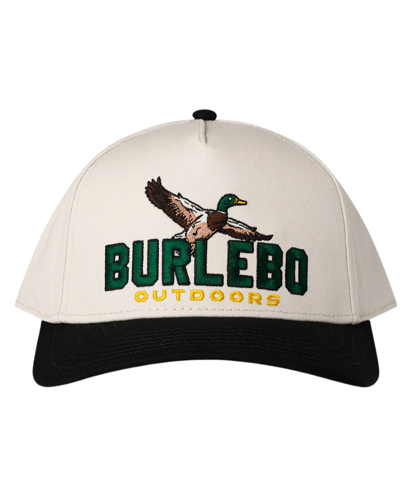 Cap with 'Burlebo Outdoors' logo and duck design on a white background