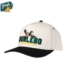 White and black Youth cap with Burlebo Outdoors logo and duck design on a white background