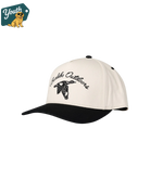 White and black cap with duck logo and 'Caribou Outdoors' text on a white background, featuring a 'Youth' label with a dog icon.