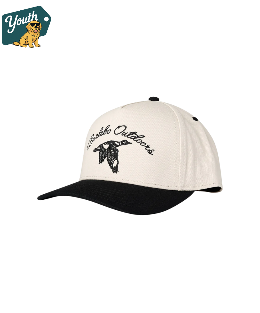 White and black cap with duck logo and 'Caribou Outdoors' text on a white background, featuring a 'Youth' label with a dog icon.