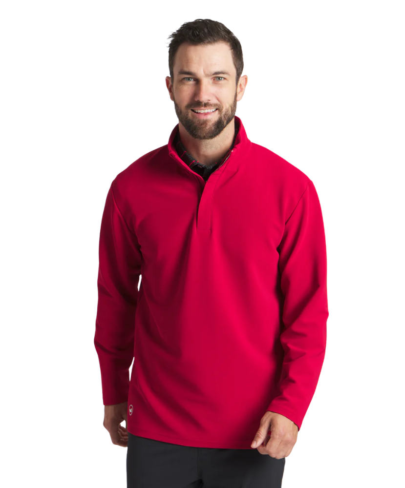 Man wearing a CRIMSON pullover with a white background