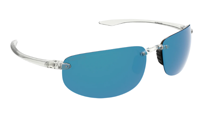 Sunglasses with blue lenses and clear frame on a white background