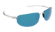 Sunglasses with blue lenses and clear frame on a white background