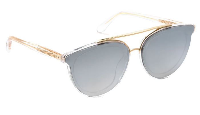 Oversized cat-eye sunglasses with gradient gray lenses, a gold double-bridge metal frame, and clear acetate temples with gold-toned wire detailing.