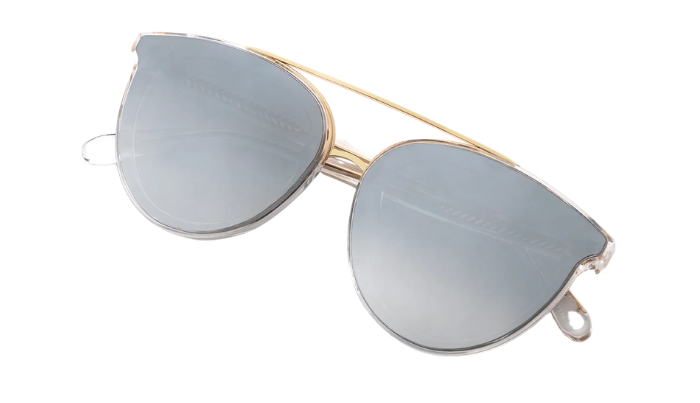 Cat-eye sunglasses with a gold metal frame and light gray mirrored lenses, shown on a plain white background.