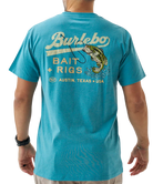 Person wearing a blue t-shirt with a largemouth bass and 'Burlebo Bait + Rigs' branding and graphics.