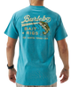 Person wearing a blue t-shirt with a largemouth bass and 'Burlebo Bait + Rigs' branding and graphics.