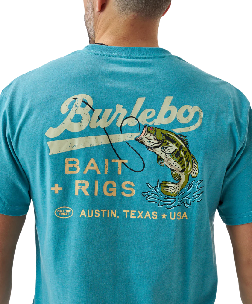 Person wearing a blue t-shirt with a largemouth bass and 'Burlebo Bait + Rigs' branding and graphics.