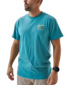Person wearing a blue t-shirt with a largemouth bass and 'Burlebo Bait + Rigs' branding and graphics.