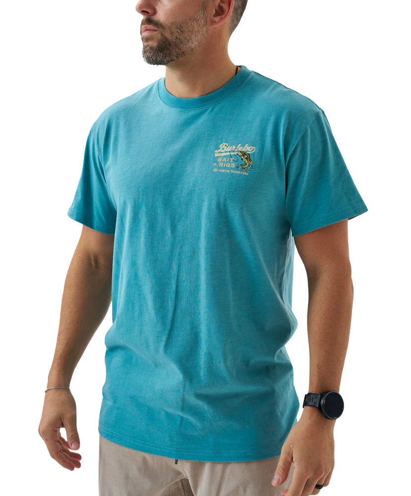 Person wearing a blue t-shirt with a largemouth bass and 'Burlebo Bait + Rigs' branding and graphics.