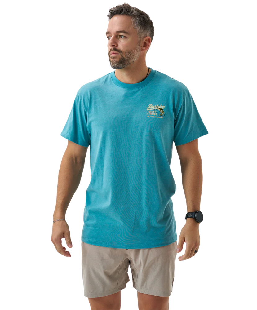 Person wearing a blue t-shirt with a largemouth bass and 'Burlebo Bait + Rigs' branding and graphics.