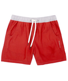Red shorts with a white waistband and drawstrings on a white background