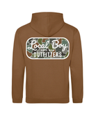 Brown hoodie with 'Local Boy Outfitters' logo on the back