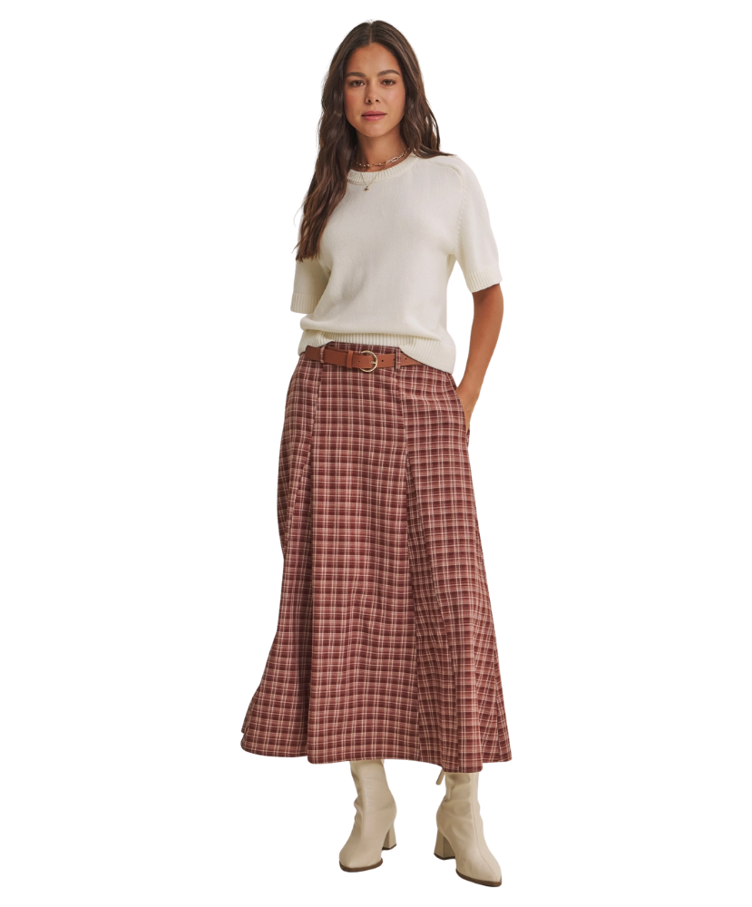 Maple Trail Heritage Plaid Flare Maxi Skirt with Belt