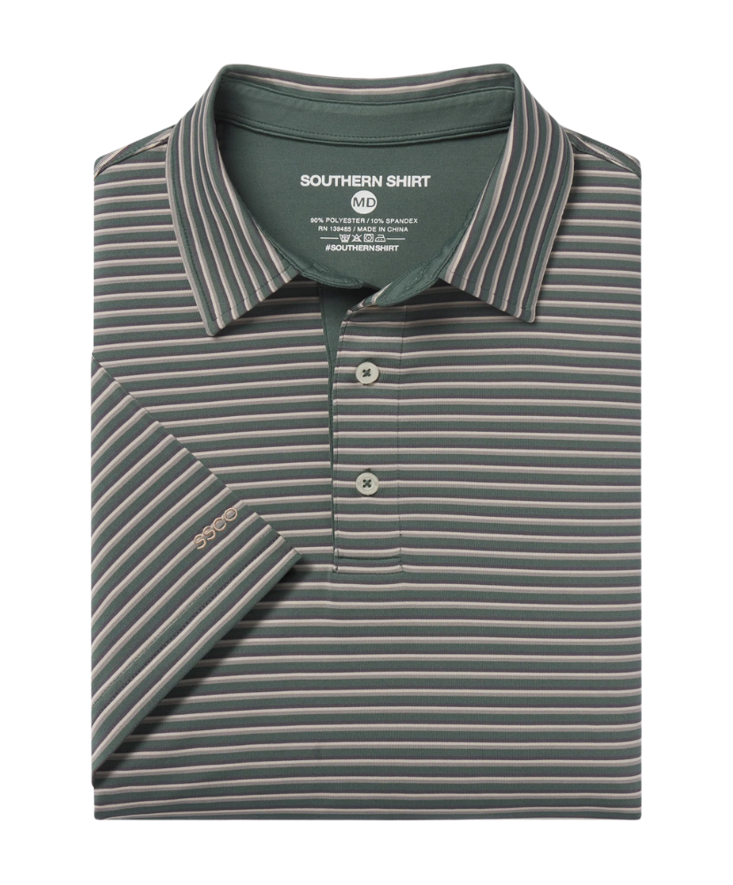 Folded green and gray striped polo shirt with 'Southern Shirt' branding on a white background