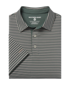 Folded green and gray striped polo shirt with 'Southern Shirt' branding on a white background