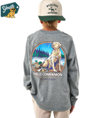 Child wearing a gray long-sleeve shirt with a Burlebo logo and field dog yellow lab companion design, standing against a white background.