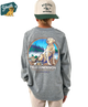 Child wearing a gray long-sleeve shirt with a Burlebo logo and field dog yellow lab companion design, standing against a white background.