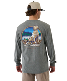 Man wearing a gray long-sleeve shirt with a HUNTING YELLOW LAB graphic and 'Field Companion' text on the back.