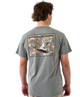 Man wearing a gray t-shirt with a mallard duck design and 'Burlebo Outdoors' branding on the back.