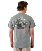 Man wearing a gray t-shirt with a BRONCO graphic design on the back, featuring the brand 'Burlebo Outdoors'.