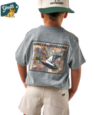 Child wearing a gray t-shirt with a duck stamp design and 'Burlebo Outdoors' branding, standing against a white background.