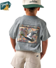 Child wearing a gray t-shirt with a duck stamp design and 'Burlebo Outdoors' branding, standing against a white background.